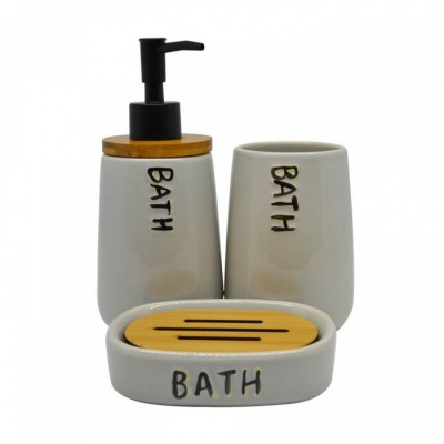 Σετ Αξεσουάρ Μπάνιου Κεραμικό Γκρι BATH με Ξύλο Μπαμπού Ankor