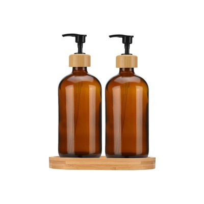 Αντλίες Σαπουνιού BAMBOO ESSENTIALS Γύάλινες 500ml ΣΕΤ 3 ΤΕΜ. Με Δίσκο Βamboo 02-28800
