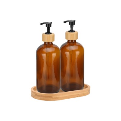 Αντλίες Σαπουνιού BAMBOO ESSENTIALS Γύάλινες 500ml ΣΕΤ 3 ΤΕΜ. Με Δίσκο Βamboo 02-28800