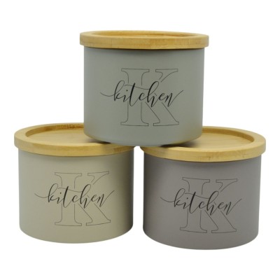 Σετ 3 Μεταλλικά Βάζα Σε ΜΠΕΖ TAUPE ΚΑΙ ΛΑΔΙ ΧΡΩΜΑ Με Ξύλινο  Καπάκι Kitchen12x12x8,8-27,5εκ.